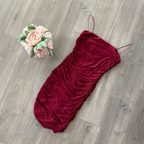 Y2k Vintage B Darlin Maroon Shimmer Ruched Bodycon Strappy Dress - Picture 1 of 4